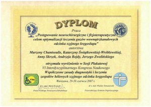 wyróżnienie - nowotwory kręgosłupa, rehabilitacja 